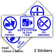 2 x No Eating,No Drinking,CCTV Fitted Stickers-120x50mm Blue on White-Taxi,Minicab,Minibus,Cab Notice Sign 